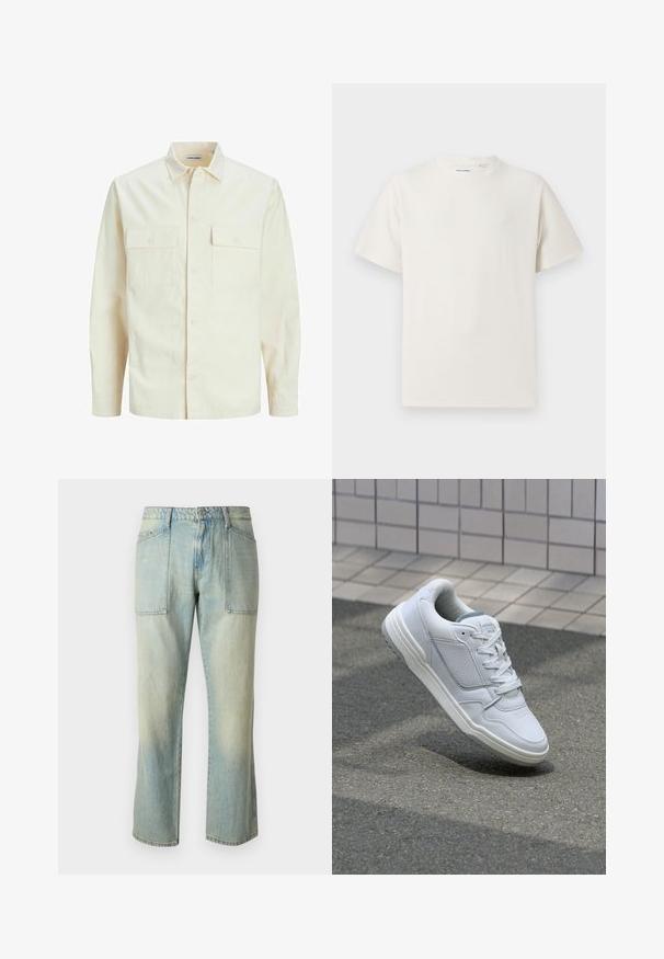 Ljusbeige långärmad skjorta med krage, två framfickor, knäppning och en texturerad tyg.; Vit t-shirt med kort ärm i ribbad struktur. Rund halsringning, löst sittande passform, inga synliga mönster eller detaljer. Enkelt och mångsidigt design.; Ljust blå denimbyxor med rak benpassform, synlig sömnad och två stora framfickor. Tyget har en blekt struktur.; Vit lädersneaker med perforerade sidor, texturerade accenter, plana snören och en kontrasterande grå häl. Har en något upphöjd sula.