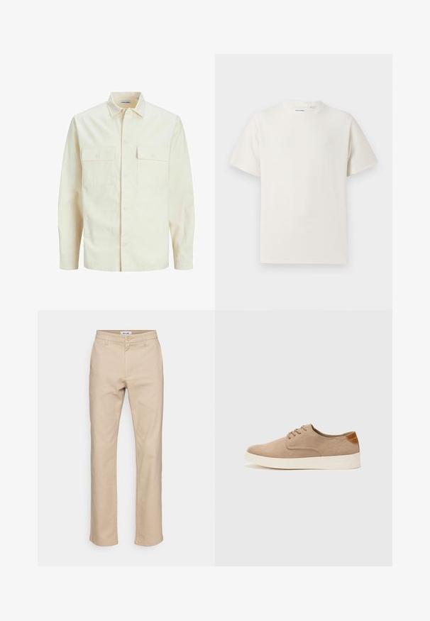 Svetlo bež srajca z dolgimi rokavi, ovratnim izrezom, dvema sprednjima žepoma, zapenjanjem na gumbe in teksturirano tkanino.; Bela majica s kratkimi rokavi iz rebraste tkanine. Okrogli izrez, sproščen kroj, brez vidnih vzorcev ali naglasov. Preprosta in vsestranska zasnova.; Bež pamučne hlače ravnog kroja, sa dugmetom za zatvaranje, petljama za pojas i bočnim džepovima. Glatka tekstura.; Bež tkanine usnjene superge z zaobljenim nosom, vezalkami na sprednji strani in teksturiranim zadnjim detajlom. Belo gumijasto podplato zagotavlja kontrast. Enostaven in sodoben dizajn.