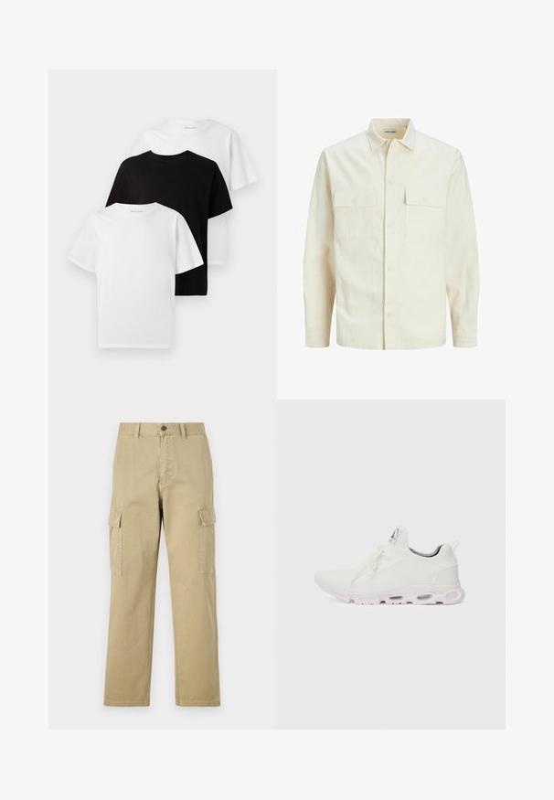 Šviesiai smėlio spalvos ilgomis rankovėmis marškiniai su apykakle, dviem priekinėmis kišenėmis, mygtukų uždarymu ir tekstūruota medžiaga.; Trys apvalios kaklo marškiniai: vieni juodi ir du balti. Trumpomis rankovėmis, klasikinio kirpimo, pagaminti iš medvilnės su lygiu paviršiumi.; Kreminės spalvos cargos kelnės, pagamintos iš medvilnės, su dviem šoninėmis kišenėmis, mygtukų užsegimu ir tiesiomis kojomis, šiek tiek tekstūruotu audiniu.; Baltos sportinės detalės batai su tekstūruotu megztu viršumi, plokščiais raišteliais ir paminkštintu padu, kuriame matomos oro kameros papildomam palaikymui.
