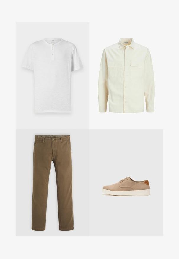 Jasno beżowa koszula z długim rękawem, z kołnierzykiem, dwoma kieszeniami z przodu, zapięciem na guziki i teksturowanym materiałem.; Biała krótko-sleeve koszulka typu henley z trzema guzikami przy rozpięciu, wykonana z lekkiego, lekko teksturowanego materiału. Okrągły dekolt, luźny krój.; Khaki bawełniane spodnie o prostym kroju, wyposażone w zapięcie na guzik, dwie przednie kieszenie oraz gładką teksturę.; Beżowe zamszowe sneakersy z okrągłym noskiem, sznurowanym przodem i teksturowanym akcentem na tyle. Biała gumowa podeszwa tworzy kontrast. Prosty i nowoczesny design.