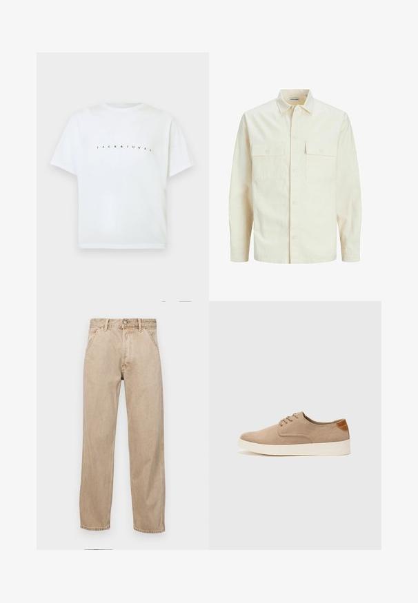 Hellbeige Langarmhemd mit klassischem Kragen, zwei Fronttaschen, Knopfverschluss und strukturiertem Stoff.; Weißes kurzärmliges Baumwoll-T-Shirt mit "JACK & JONES" in kleinen, gesprengten schwarzen Buchstaben quer über die Brust gedruckt.; Beige Denim-Jeans mit geradem Beinschnitt, ausgestattet mit Vordertaschen, einem Metallknopfverschluss und feiner Textur.; Beige Wildleder-Sneaker mit runder Zehenpartie, Schnürung und strukturiertem Rückenteil. Die weiße Gummisohle sorgt für einen Kontrast. Einfaches und modernes Design.
