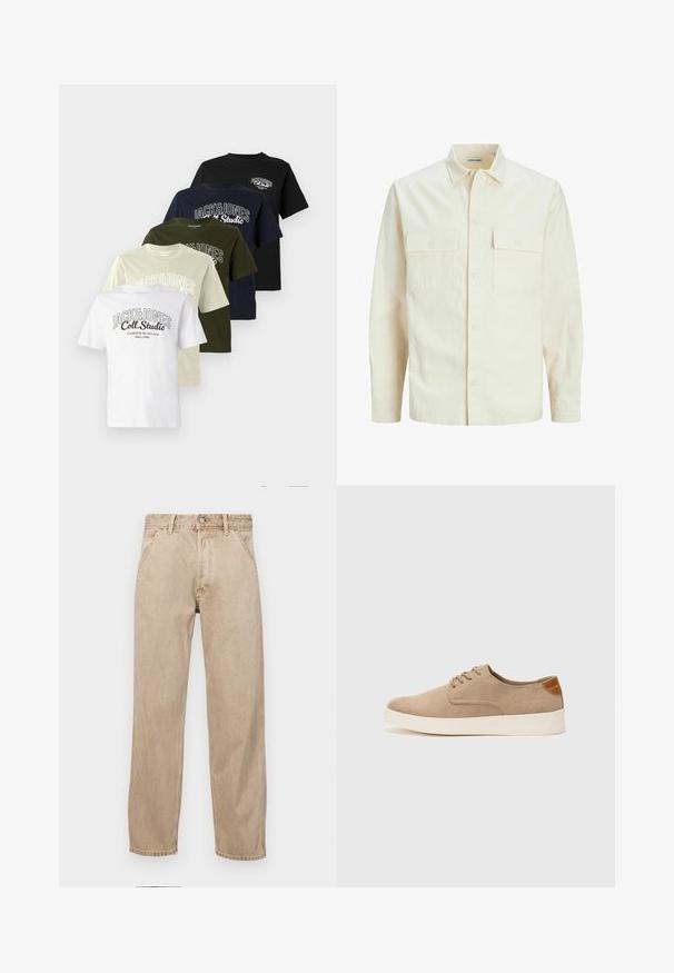 Gai bēšs garām piedurknēm krekls ar apkakles izgriezumu, divām priekšējām kabatām, pogu aizdari un teksturētu audumu.; Pieci T-krekli rindā: balts, bēšs, olīvzaļš, jūras zilā un melns. Katram ir logo ar tekstu "JACK&JONES" un apaļas apkakles dizains.; Beige džinsi ar taisnu kāju dizainu, ar priekšējiem kabatām, metāla pogu aizdari un smalku faktūru.; Beige zamšādas kedas ar noapaļotu purngala daļu, auklēm saplacinātu priekšpusi un teksturētu aizmugures akcentu. Balta gumijas zole nodrošina kontrastu. Vienkāršs un mūsdienīgs dizains.