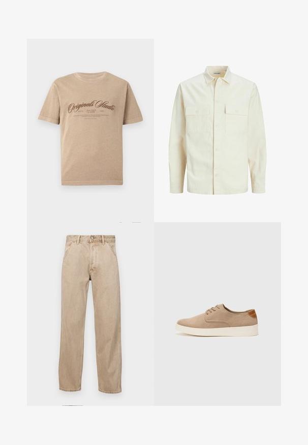 Gai bēšs garām piedurknēm krekls ar apkakles izgriezumu, divām priekšējām kabatām, pogu aizdari un teksturētu audumu.; Beidziet kokvilnas t-krekls ar īsām piedurknēm, kas ir bēša krāsā un ar brūnu vintage stila apdruku, kurā ir teksts "Originals Studio" un papildus teksts zem tā.; Beige džinsi ar taisnu kāju dizainu, ar priekšējiem kabatām, metāla pogu aizdari un smalku faktūru.; Beige zamšādas kedas ar noapaļotu purngala daļu, auklēm saplacinātu priekšpusi un teksturētu aizmugures akcentu. Balta gumijas zole nodrošina kontrastu. Vienkāršs un mūsdienīgs dizains.