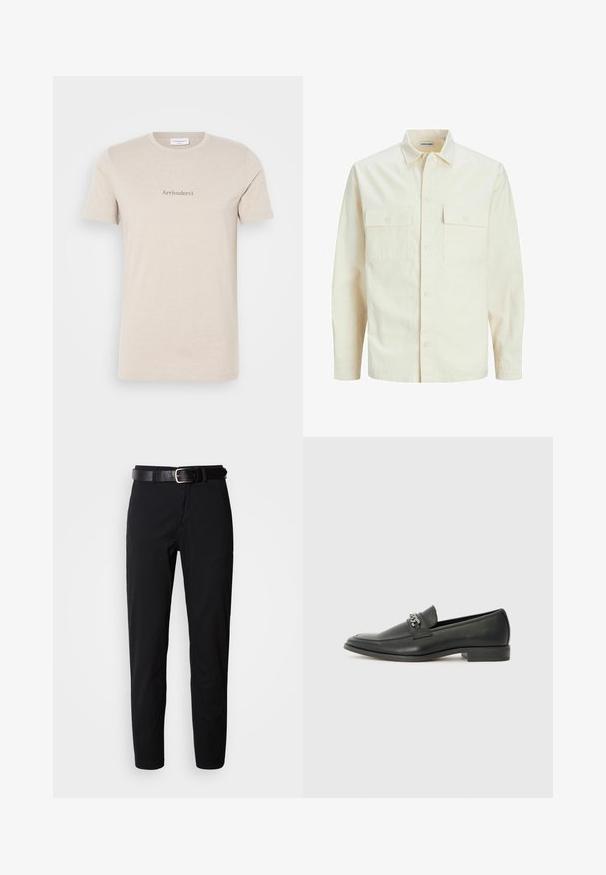 Lys beige langærmet skjorte med krave, to forlommer, knaplukning og et tekstureret stof.; Beige kortærmet t-shirt lavet af blødt bomuld, med et diskret "Arrivederci" print i grå foran, klassisk rund halsudskæring.; Sorte bukser med lige snit, der har en glat tekstur og et sort læderbælte med en sølvspænde. Enkel design, ingen mønstre eller accenter.; Sorte læder loafers med en glat finish, der har et syet design og et dekorativt metal kædeaccent hen over vamps. Flad hæl.