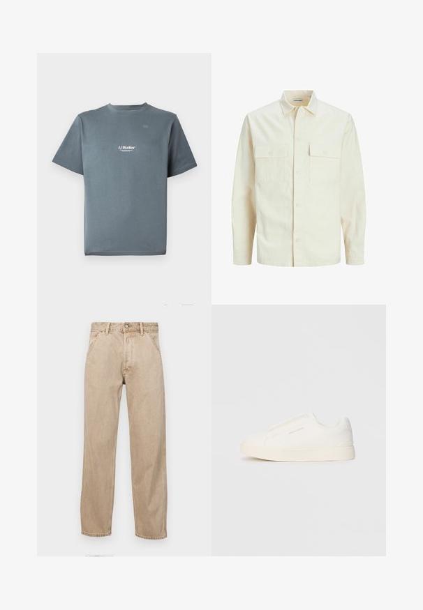 Light beige long-sleeve shirt with a collared neckline, two front pockets, button closure, and a textured fabric.; Gray cotton t-shirt with a crew neck, short sleeves, and a small white "JJ Studios" logo on the chest. Smooth texture and relaxed fit.; Beige denim jeans with a straight leg design, featuring front pockets, a metal button closure, and subtle texture.; White slip-on sneakers with a textured surface, a thick sole, and minimalistic design. Features brand logo on the side.