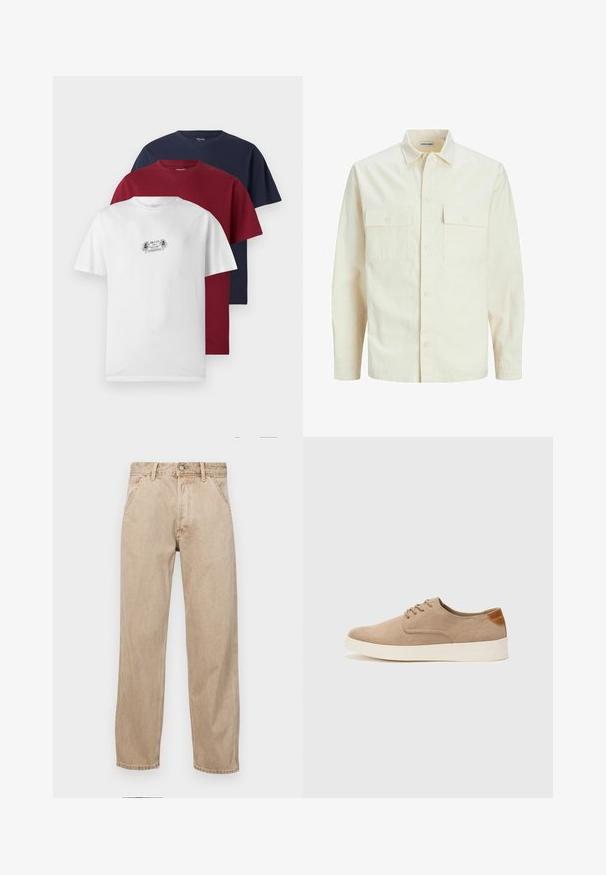 Vaaleanbeige pitkähihaisen paidan, jossa on kaulukset, kaksi etutaskua, nappikiinnitys ja tekstiilissä on tekstuuria.; Kolme lyhythihaista T-paitaa valkoisena, burgundina ja tummansinisenä. Jokaisessa on pyöreä kaula-aukko ja pehmeä puuvillakangas, valkoisessa paidassa on pieni kuva.; Beige farkkuhousut suoranlahkeisella muotoilulla, joissa on etutaskut, metallinen nappisulku ja hillitty rakenne.; Beige nubuck-lenkkarit, joissa on pyöreä kärki, nauhakiinnitys ja teksturoitu takaosa. Valkoinen kumipohja tuo kontrastia. Yksinkertainen ja moderni muotoilu.