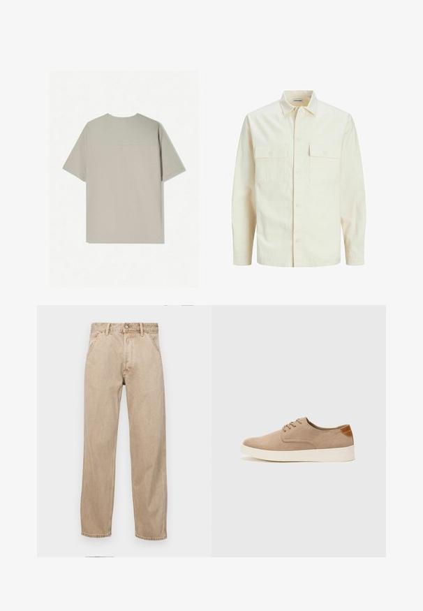 Cămașă lungă cu mâneci lungi de culoare bej deschis, cu guler, două buzunare frontale, închidere cu butoane și un material texturat.; Tricou din bumbac bej cu mâneci scurte. Are un design simplu și un guler rotund. Textura netedă cu cusături minime pe spate.; Jeans din denim bej cu un design drept, care prezintă buzunare frontale, închidere cu buton metalic și o textură subtilă.; Tenisi din suede bej cu vârf rotund, sistem de șireturi în față și un accent texturat în spate. Talpa albă din cauciuc oferă un contrast. Design simplu și modern.