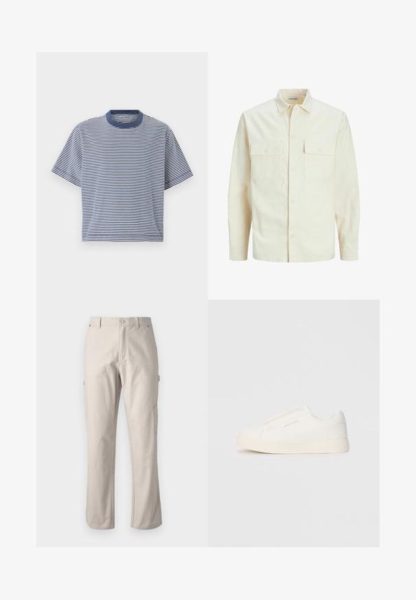 Lys beige langærmet skjorte med krave, to forlommer, knaplukning og et tekstureret stof.; Blå og hvid stribet kortærmet t-shirt med rund halsudskæring og en afslappet pasform, lavet af blødt, let materiale.; Beige cargo bukser lavet af robust bomuld med lige ben, frontknaplukning og sidelommer til praktisk brug. Glat tekstur med diskret syning.; Hvide slip-on sneakers med en struktureret overflade, en tyk sål og et minimalistisk design. Har brandlogoet på siden.