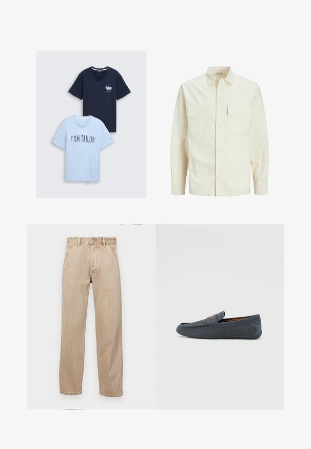 Šviesiai smėlio spalvos ilgomis rankovėmis marškiniai su apykakle, dviem priekinėmis kišenėmis, mygtukų uždarymu ir tekstūruota medžiaga.; Du norsos medvilnės marškiniai: vieni tamsiai mėlyni su krūtinės piešiniu, ir kiti šviesiai mėlyni su tekstu "TOM TAILOR" ir Havanos dizainu. Apvalus iškirpimas, trumpomis rankovėmis.; Smėlio spalvos džinsai su tiesia kojų siluetu, turintys priekinę kišenę, metalinį mygtuką ir subtilią tekstūrą.; Pilki perforuoti loafers'ai su lengvu užmaunamu dizainu, turintys oranžinį akcentą, apvalią noselę ir tekstūruotą gumos padu.