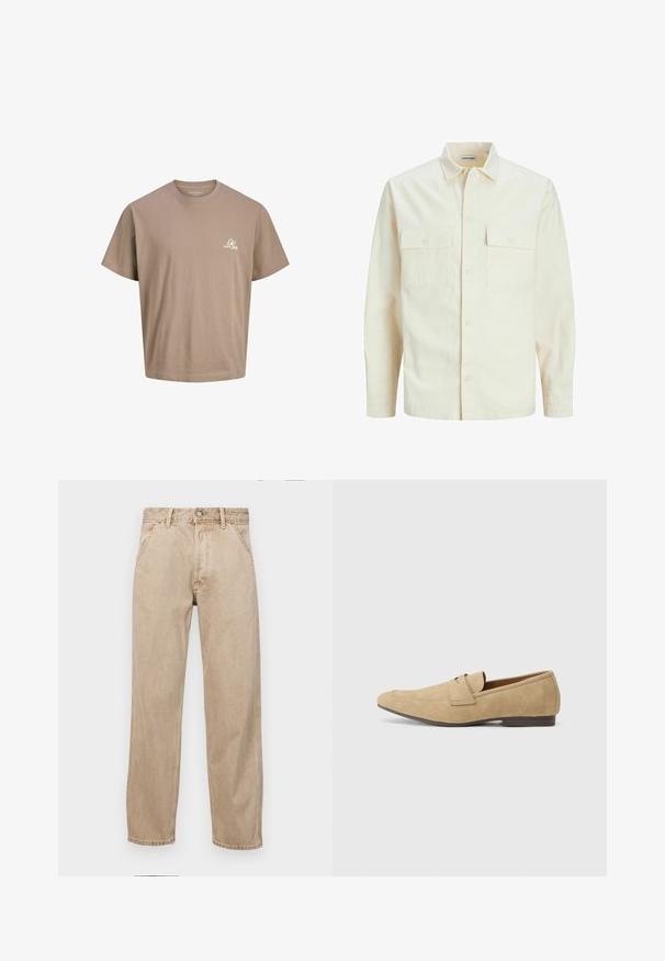 Jasno beżowa koszula z długim rękawem, z kołnierzykiem, dwoma kieszeniami z przodu, zapięciem na guziki i teksturowanym materiałem.; Brązowy bawełniany t-shirt z krótkim rękawem, okrągłym dekoltem i małym białym logo na piersi. Gładka faktura i luźny krój.; Beżowe dżinsy o prostym kroju, z przednimi kieszeniami, metalowym zapięciem na guzik i delikatną teksturą.; Beżowe zamszowe mokasyny z lekkim połyskiem, z okrągłym noskiem, zakładanym fasonem i niskim brązowym obcasem. Subtelne detale przeszycia.