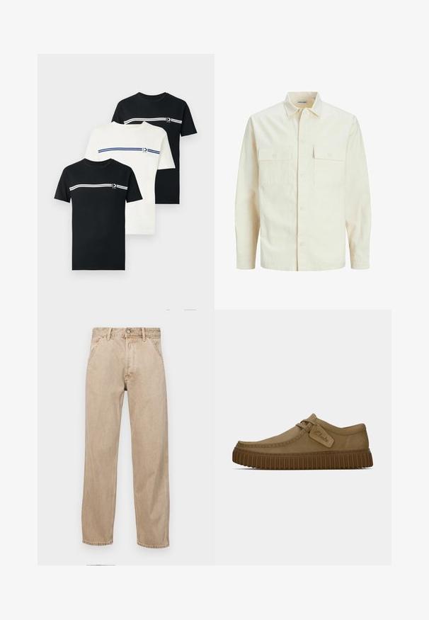 Šviesiai smėlio spalvos ilgomis rankovėmis marškiniai su apykakle, dviem priekinėmis kišenėmis, mygtukų uždarymu ir tekstūruota medžiaga.; Trys marškiniai: du juodi ir vieni balti, visi su trumpomis rankovėmis, puikuojantys horizontaliomis juostelėmis ir mažuoju logotipu ant krūtinės.; Smėlio spalvos džinsai su tiesia kojų siluetu, turintys priekinę kišenę, metalinį mygtuką ir subtilią tekstūrą.; Šviesiai rudos zomšinės bateliai su apvaliu pirštu, siuvinėjimo detalėmis ir raguota ruda guma. Su šonine etikete su "Clarks" logotipu.