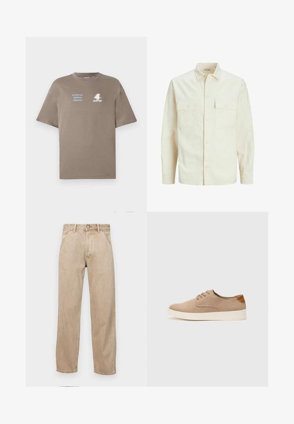 Világos bézs színű, hosszú ujjú ing, galléros nyakkal, két elülső zsebbel, gombos záródással és struktúrált anyaggal.; Barna pamut póló kerek nyakkivágással. Elülső részén kék szöveg: "Universal Athletic Apparel" és fehér "4th quarter" logo található. Rövid ujjak.; Beige színű farmernadrág egyenes fazonnal, elülső zsebekkel, fém gombos záródással és diszkrét textúrával.; Beige velúr sportcipő, kerek orral, fűzős elülső résszel és textúrált hátsó részlettel. Fehér gumitalp kontrasztot ad. Egyszerű és modern design.