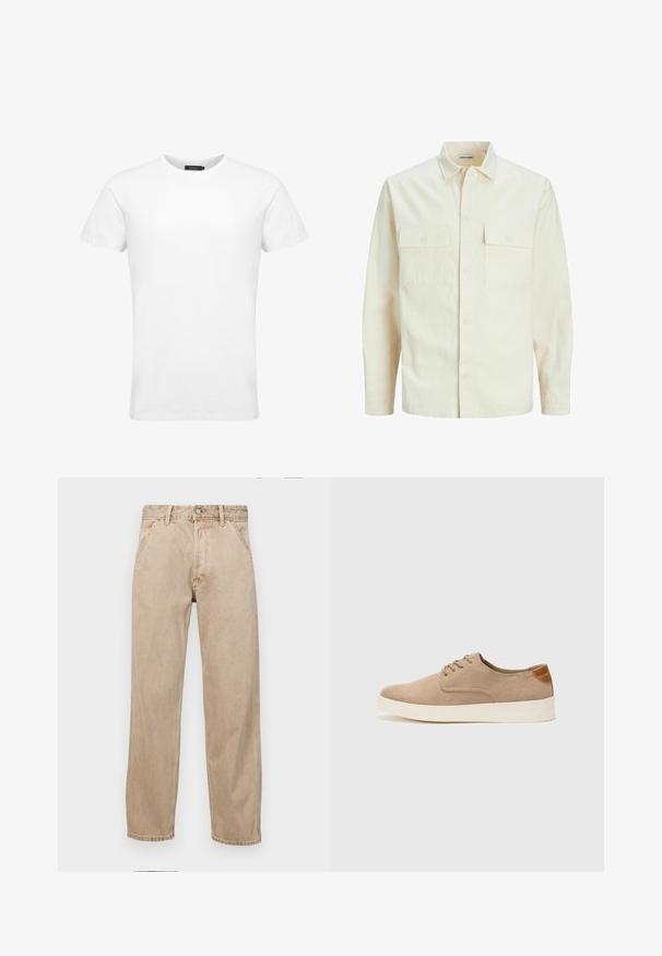 Kergedbež pika-särk pikkade varrukatega, krae ja kahe eespool asuva taskuga, nööpidega kinnitamine ja reljeefne materjal.; Valge lühikeste varrukatega ümar kaelusega T-särk. Valmistatud puuvillast, millel on sile tekstuur ja lihtne, klassikaline disain.; Bežidemini teksased sirgjoonise kujundusega, front pocket'itega, metallist nööbi kinnitusega ja peene tekstuuriga.; Beežid nahast tossud ümarate varvastega, paeltega esiosa ja tekstuuriga tagakontuuriga. Valge kummist tallapakkumine loob kontrasti. Lihtne ja kaasaegne disain.