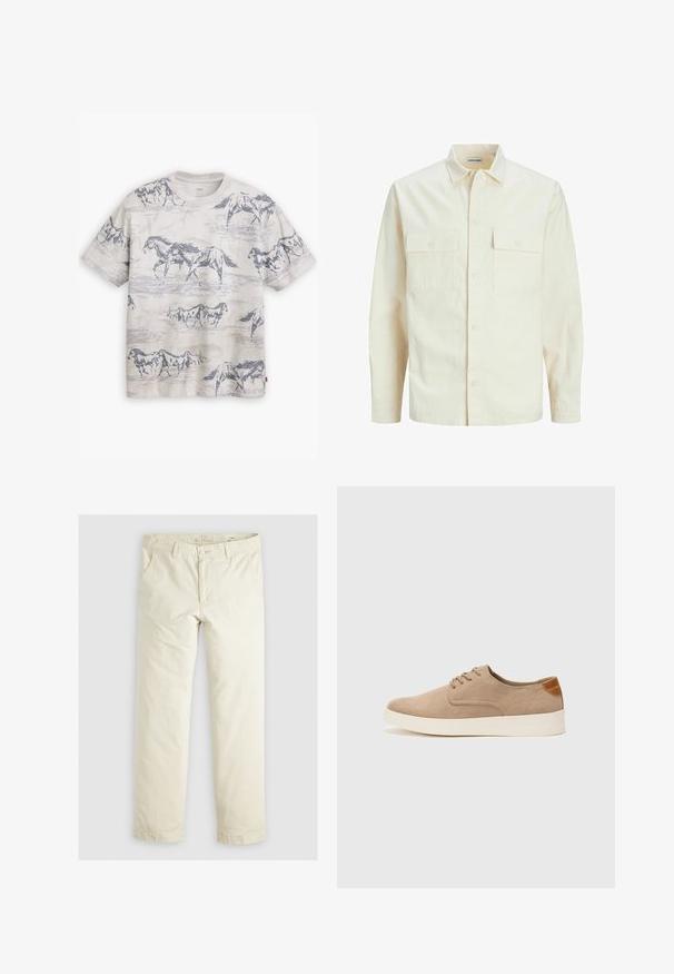 Vaaleanbeige pitkähihaisen paidan, jossa on kaulukset, kaksi etutaskua, nappikiinnitys ja tekstiilissä on tekstuuria.; Levi's® VINTAGE - T-paita - white onyx; Vaaleanbeige löysäntuftiset housut, joissa on kolme taskua, vyölenkit ja suora lahje. Valmistettu pehmeästä puuvillasekoitekankaasta.; Beige nubuck-lenkkarit, joissa on pyöreä kärki, nauhakiinnitys ja teksturoitu takaosa. Valkoinen kumipohja tuo kontrastia. Yksinkertainen ja moderni muotoilu.