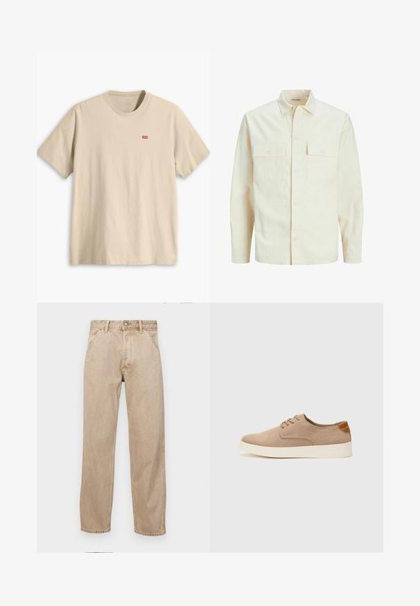 Világos bézs színű, hosszú ujjú ing, galléros nyakkal, két elülső zsebbel, gombos záródással és struktúrált anyaggal.; Beige pamut póló rövid ujjal, kerek nyakkivágással és egy kis piros Levi's logóval a bal mellrészen. Simább textúrájú és laza szabású.; Beige színű farmernadrág egyenes fazonnal, elülső zsebekkel, fém gombos záródással és diszkrét textúrával.; Beige velúr sportcipő, kerek orral, fűzős elülső résszel és textúrált hátsó részlettel. Fehér gumitalp kontrasztot ad. Egyszerű és modern design.