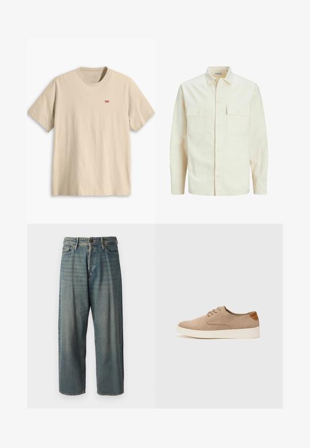 Világos bézs színű, hosszú ujjú ing, galléros nyakkal, két elülső zsebbel, gombos záródással és struktúrált anyaggal.; Beige pamut póló rövid ujjal, kerek nyakkivágással és egy kis piros Levi's logóval a bal mellrészen. Simább textúrájú és laza szabású.; Világoskék farmernadrág, laza fazonnal, közepes derékbőséggel és egyenes szárral. Öt zsebet, övbucskát és gombos záródást tartalmaz.; Beige velúr sportcipő, kerek orral, fűzős elülső résszel és textúrált hátsó részlettel. Fehér gumitalp kontrasztot ad. Egyszerű és modern design.