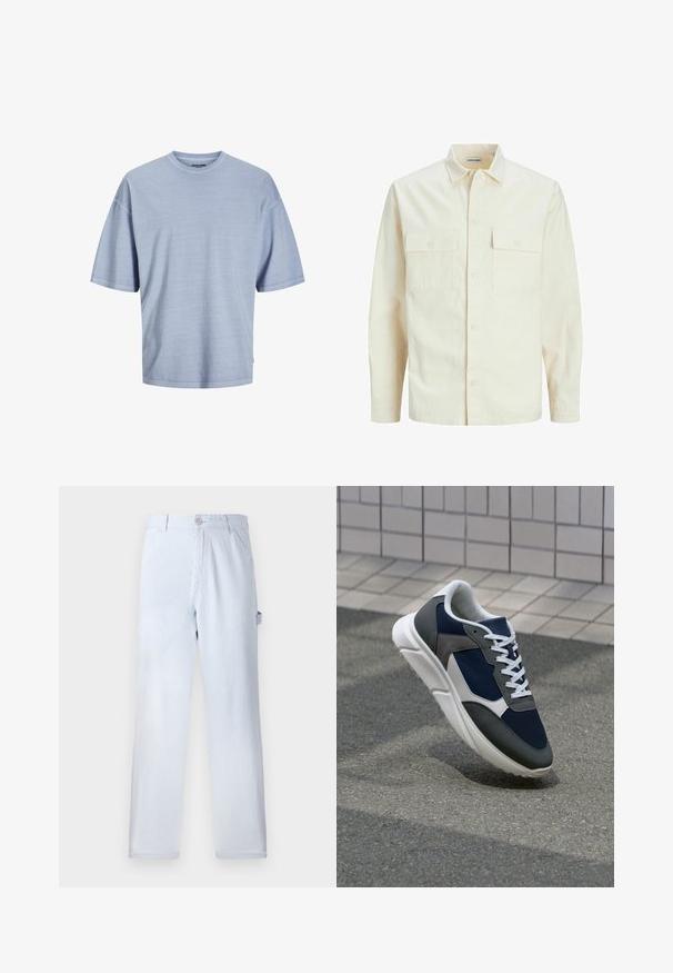Kergedbež pika-särk pikkade varrukatega, krae ja kahe eespool asuva taskuga, nööpidega kinnitamine ja reljeefne materjal.; Helevalg sinine lühikeste varrukatega t-särk, mis on valmistatud pehmest kangast. Omab ümmargust kaelust ja lõdva lõikega, ning õmmeldud servi. Lihtne disain, mustreid ei ole.; Heled sinised triibulised püksid, mis on valmistatud puuvillast. Sirge jala disain, esine nupuvajutusega kinniti ja küljetaskud. Pehme tekstuur.; Sneaker, mille sinine võrkkangas, hallid nubukdetailid, valge kummitald ja lamedad valged paelad, disainitud mugavuseks ja hingavuseks.