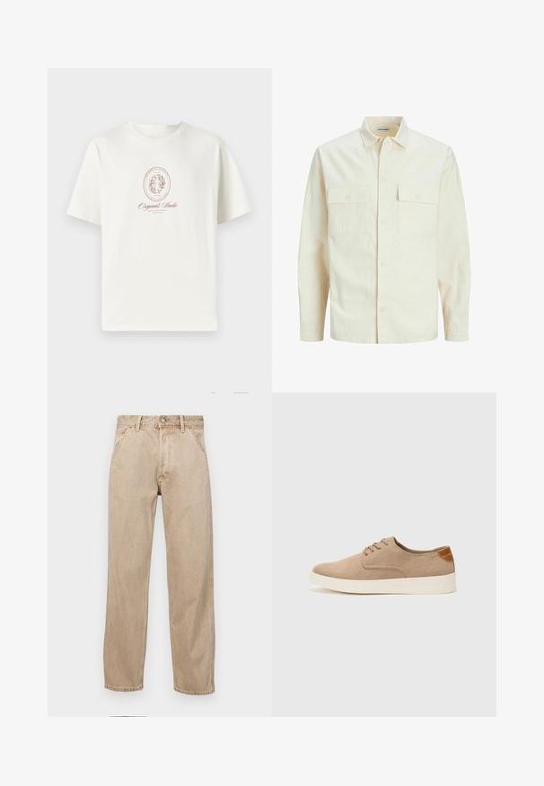 Gai bēšs garām piedurknēm krekls ar apkakles izgriezumu, divām priekšējām kabatām, pogu aizdari un teksturētu audumu.; Krēmkrasas kokvilnas t-krekls ar apaļu kakla izgriezumu, īsām piedurknēm un centrā drukātu dizainu, kas satur ovālu formu un tekstu brūnā krāsā.; Beige džinsi ar taisnu kāju dizainu, ar priekšējiem kabatām, metāla pogu aizdari un smalku faktūru.; Beige zamšādas kedas ar noapaļotu purngala daļu, auklēm saplacinātu priekšpusi un teksturētu aizmugures akcentu. Balta gumijas zole nodrošina kontrastu. Vienkāršs un mūsdienīgs dizains.