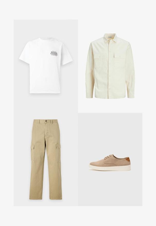 Vaaleanbeige pitkähihaisen paidan, jossa on kaulukset, kaksi etutaskua, nappikiinnitys ja tekstiilissä on tekstuuria.; Valkoinen lyhythihainen T-paita, jossa musta teksti "MAISON D'HIVER" ja pieni lisäpainatus vasemmalla rintakehän alueella.; Beige cargo-housut, jotka on valmistettu puuvillasta, ja niissä on kaksi sivutaskua, napp Closure ja suorat lahkeet, joissa on hieman teksturoitu kangas.; Beige nubuck-lenkkarit, joissa on pyöreä kärki, nauhakiinnitys ja teksturoitu takaosa. Valkoinen kumipohja tuo kontrastia. Yksinkertainen ja moderni muotoilu.