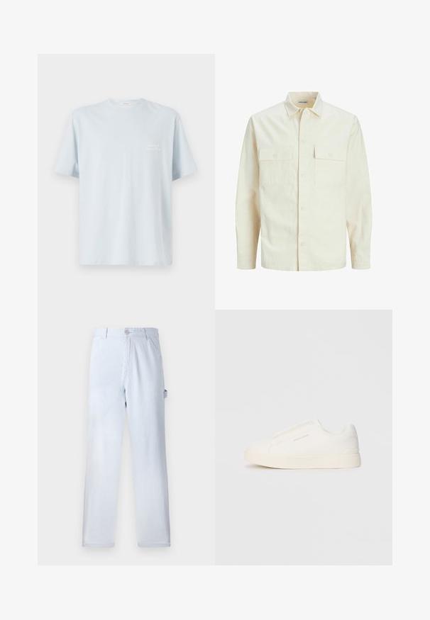 Svetlo bež srajca z dolgimi rokavi, ovratnim izrezom, dvema sprednjima žepoma, zapenjanjem na gumbe in teksturirano tkanino.; Svijetloplava pamučna majica s okruglim izrezom i kratkim rukavima. Ima mali bijeli logo na lijevoj strani grudi. Glatka tekstura.; Svetlo modri prugasti hlače iz bombaža. Oblika naravnost nogavic, z sprednjo zaponko in stranskimi žepi. Mehka tekstura.; Bele zapete brez vezalk z teksturirano površino, debelim podplatom in minimalističnim dizajnom. Na strani se nahaja logotip blagovne znamke.
