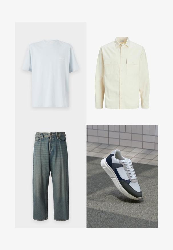 Light beige long-sleeve shirt with a collared neckline, two front pockets, button closure, and a textured fabric.; Light blue cotton t-shirt with a crew neckline and short sleeves. Features a small white logo on the left chest area. Smooth texture.; Light blue denim jeans with a loose fit, mid-rise waist, and straight legs. Features five pockets, belt loops, and a button closure.; White, navy, and gray sneaker with a mixed material design, featuring a textured upper, flat laces, and a cushioned sole.