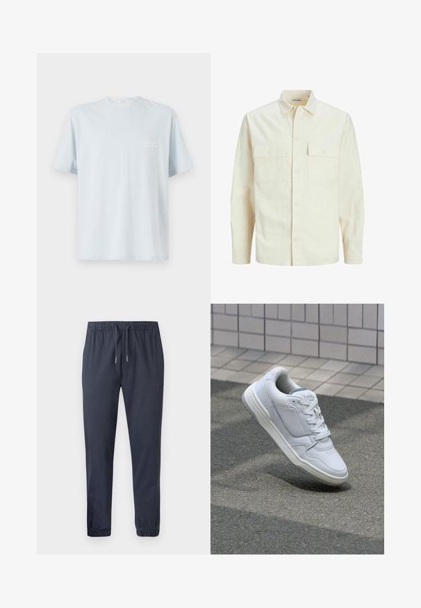 Gai bēšs garām piedurknēm krekls ar apkakles izgriezumu, divām priekšējām kabatām, pogu aizdari un teksturētu audumu.; Gaiši zilas kokvilnas t-krekls ar apaļu izgriezumu un īsām piedurknēm. Uz kreisā krūts laukuma ir neliels balts logo. Gluda tekstūra.; Jūras spēku šaurie treniņbikses ar elastīgu jostasvietu, auklu un elastīgām aprocēm, izgatavotas no gludas, vieglas auduma.; Baltas ādas sporta apavi ar perforētiem sāniem, teksturētām akcentiem, plakanu šņorēšanu un kontrastējošu pelēku papēdi. Iezīmē nedaudz paaugstinātu zole.