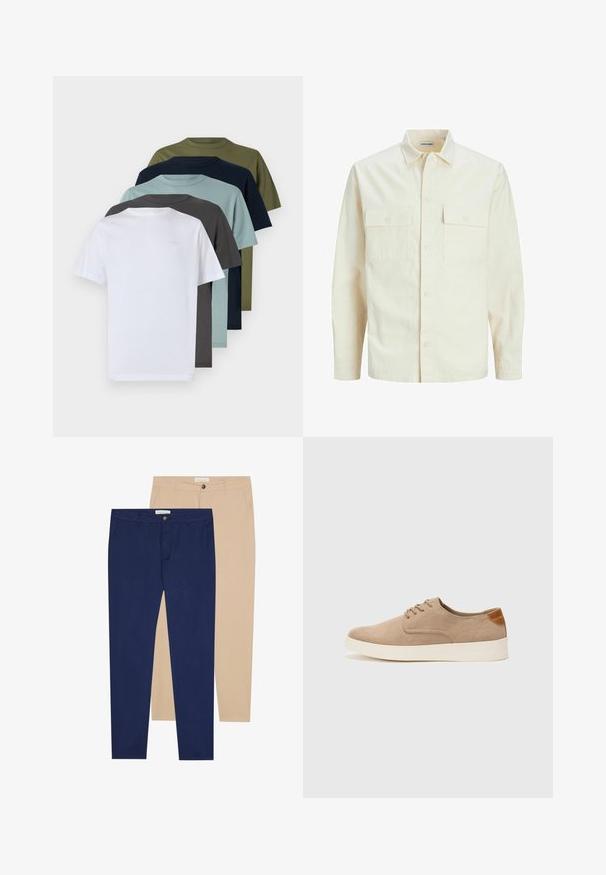 Világos bézs színű, hosszú ujjú ing, galléros nyakkal, két elülső zsebbel, gombos záródással és struktúrált anyaggal.; Hat rövid ujjú, kerek nyakú pólók fehér, sötétszürke, világoskék, tengerészkék, olajzöld és sötétzöld színben, amelyek egyszínűek és pamut textúrájúak.; Két nadrág: az egyik sötétkék, a másik bézs. Mindkettő egyenes szabású, gombos záródású és sima szövet textúrájú.; Beige velúr sportcipő, kerek orral, fűzős elülső résszel és textúrált hátsó részlettel. Fehér gumitalp kontrasztot ad. Egyszerű és modern design.