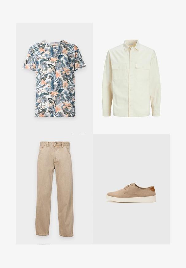 Šviesiai smėlio spalvos ilgomis rankovėmis marškiniai su apykakle, dviem priekinėmis kišenėmis, mygtukų uždarymu ir tekstūruota medžiaga.; Trumpas rankovės marškinėliai, pagaminti iš audinio su tropiniu gėlių raštu žalių, rožinių ir mėlynų atspalvių ant baltos fono.; Smėlio spalvos džinsai su tiesia kojų siluetu, turintys priekinę kišenę, metalinį mygtuką ir subtilią tekstūrą.; Bežiniai zomšiniai sportbačiai su apvaliomis pirštų dalimis, raišteliais priekyje ir tekstūruotu užkulniu. Balta guma suteikia kontrastą. Paprastas ir modernus dizainas.