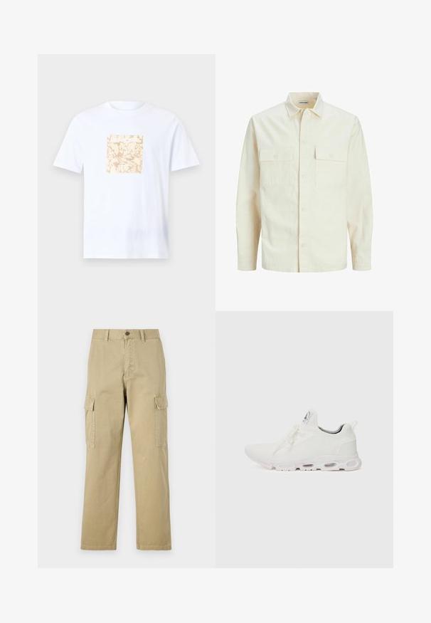 Svetlo béžová košeľa s dlhým rukávom, s golierom, dvoma prednými vreckami, zapínaním na gombíky a textúrovanou látkou.; Biele bavlnené tričko s štvorecovým béžovým grafickým vzorom v strede, ktorý má textúrovaný vzor. Krátke rukávy a okrúhly výstrih.; Bežové cargo nohavice vyrobené z bavlny, s dvoma bočnými vreckami, zapínaním na gombík a rovným strihom s mierne textúrovanou tkaninou.; Biele športové topánky so štruktúrovaným pleteným zvrškom, plochými šnúrkami a odpruženou podrážkou s viditeľnými vzduchovými komorami pre dodatočnú podporu.