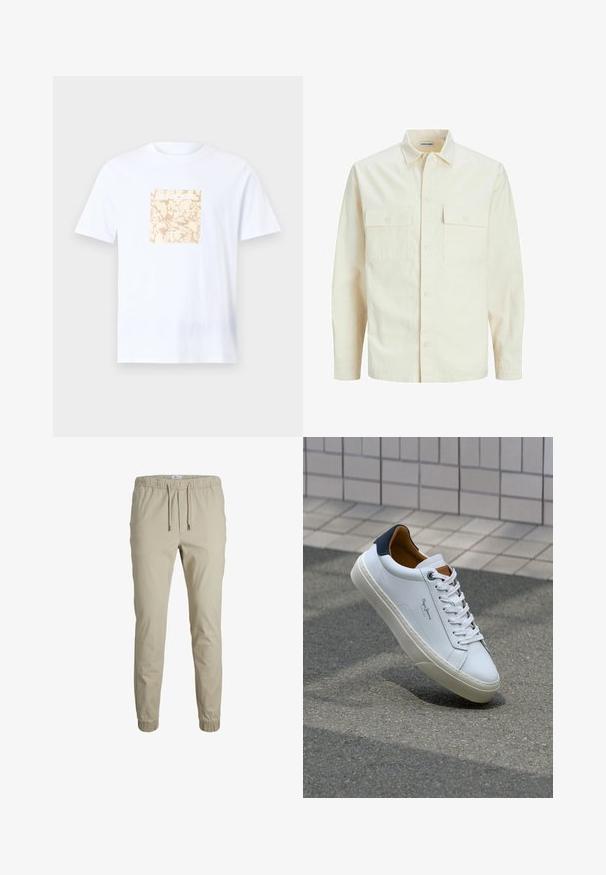 Camisa de manga larga color beige claro con cuello, dos bolsillos frontales, cierre de botones y una tela texturizada.; Camiseta blanca de algodón con un gráfico cuadrado beige con un patrón texturizado en el centro. Mangas cortas y escote redondo.; Joggers ajustados beige con cintura elástica, cordón y puños en los tobillos, hechos de una tela suave. Presentan una textura lisa y un diseño minimalista.; Zapatilla de cuero blanca con talón en azul marino, punta redonda y acentos en marrón a contraste. Presenta cordones planos y suela de goma texturizada.