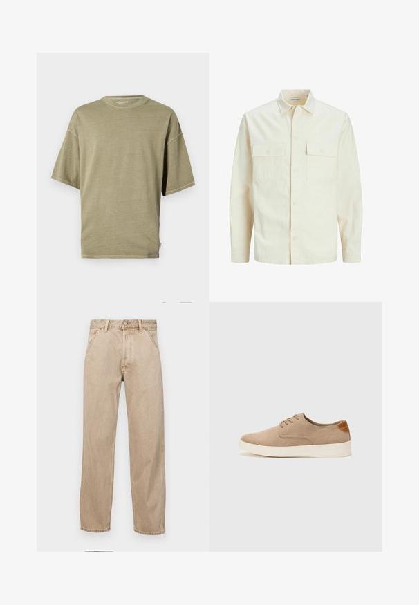 Camisa de manga larga color beige claro con cuello, dos bolsillos frontales, cierre de botones y una tela texturizada.; Camiseta de manga corta color verde oliva hecha de una tela suave, con cuello redondo y un corte relajado, con dobladillos cosidos.; Jeans de mezclilla beige con un diseño de pierna recta, que cuentan con bolsillos frontales, cierre de botón de metal y una textura sutil.; Zapatillas de ante beige con puntera redondeada, cordones en la parte delantera y un acento texturizado en la parte trasera. La suela de goma blanca proporciona contraste. Diseño sencillo y moderno.