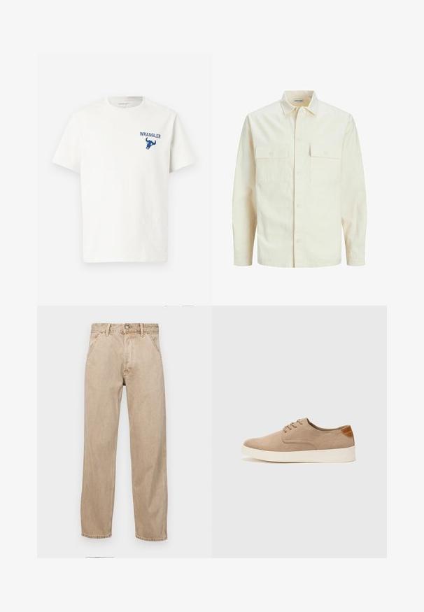Šviesiai smėlio spalvos ilgomis rankovėmis marškiniai su apykakle, dviem priekinėmis kišenėmis, mygtukų uždarymu ir tekstūruota medžiaga.; Balta medvilnės marškinėliai su mėlynu Wrangler logotipu ir buliuko grafika ant kairiojo krūtinės dalies. Trumpomis rankovėmis ir apvalia iškirpte.; Smėlio spalvos džinsai su tiesia kojų siluetu, turintys priekinę kišenę, metalinį mygtuką ir subtilią tekstūrą.; Bežiniai zomšiniai sportbačiai su apvaliomis pirštų dalimis, raišteliais priekyje ir tekstūruotu užkulniu. Balta guma suteikia kontrastą. Paprastas ir modernus dizainas.