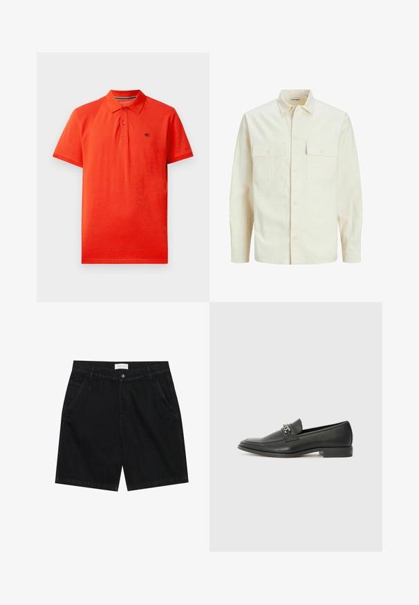 Šviesiai smėlio spalvos ilgomis rankovėmis marškiniai su apykakle, dviem priekinėmis kišenėmis, mygtukų uždarymu ir tekstūruota medžiaga.; Raudona polo marška iš medvilnės, su apykakle, trijų mygtukų užsegimu, trumpomis rankovėmis ir mažuoju logotipu ant kairiojo krūtinės.; Juodi džinsiniai šortai su klasikiniu kirpimu, turintys dvi priekinės kišenes, mygtuko užsegimą ir etiketę ant juosmens. Textūruotas audinys.; Juodos odinės loafer tipo bateliai su lygiu paviršiumi, turintys siuvinėtą dizainą ir dekoratyvų metalo grandinėlės akcentą ant batų viršaus. Plokščias kulnas.