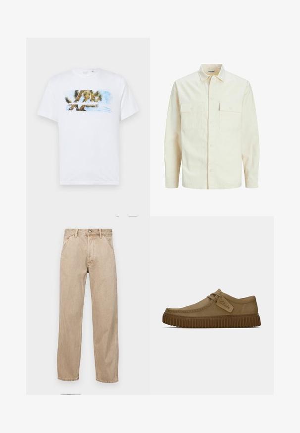 Šviesiai smėlio spalvos ilgomis rankovėmis marškiniai su apykakle, dviem priekinėmis kišenėmis, mygtukų uždarymu ir tekstūruota medžiaga.; Balta medvilninė marškinėliai su spalvinga grafika, kurioje pavaizduojama Jozufo medžio ir mėlyno dangaus. Trumpomis rankovėmis, apvali iškirptė ir laisvas siluetas.; Smėlio spalvos džinsai su tiesia kojų siluetu, turintys priekinę kišenę, metalinį mygtuką ir subtilią tekstūrą.; Šviesiai rudos zomšinės bateliai su apvaliu pirštu, siuvinėjimo detalėmis ir raguota ruda guma. Su šonine etikete su "Clarks" logotipu.