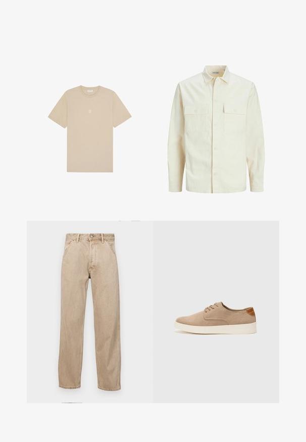 Šviesiai smėlio spalvos ilgomis rankovėmis marškiniai su apykakle, dviem priekinėmis kišenėmis, mygtukų uždarymu ir tekstūruota medžiaga.; Bežinis medvilninis t-paltis trumpomis rankovėmis ir apvalia iškirpte. Pavaizduotas mažas, centrinis grafikas "II" šviesesnėje atspalvyje.; Smėlio spalvos džinsai su tiesia kojų siluetu, turintys priekinę kišenę, metalinį mygtuką ir subtilią tekstūrą.; Bežiniai zomšiniai sportbačiai su apvaliomis pirštų dalimis, raišteliais priekyje ir tekstūruotu užkulniu. Balta guma suteikia kontrastą. Paprastas ir modernus dizainas.