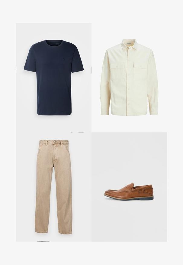 Světle béžová košile s dlouhým rukávem, límečkem, dvěma předními kapsami, zapínáním na knoflíky a strukturovanou tkaninou.; Námorně modré bavlněné tričko s krátkým rukávem a kulatým výstřihem, s malým vyšitým logem na hrudi. Hladká textura, standardní střih.; Béžové džíny z denimu se středně širokým střihem, vybavené předními kapsami, kovovým zapínáním na knoflík a jemnou texturou.; Hnědé kožené mokasíny s kulatou špičkou, prošívanými detaily a nízkou gumovou podrážkou. Design zahrnuje pásek přes vrch.