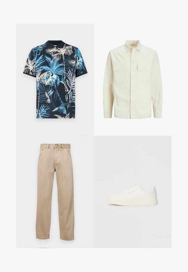 Kergedbež pika-särk pikkade varrukatega, krae ja kahe eespool asuva taskuga, nööpidega kinnitamine ja reljeefne materjal.; Tumed polo-särk, millel on värvikas troopiline muster palmilehtedega ja lindudega, valmistatud pehme puuvillase kangaga ja klassikalise kraega.; Bežidemini teksased sirgjoonise kujundusega, front pocket'itega, metallist nööbi kinnitusega ja peene tekstuuriga.; Valged libisemiskindlad tossud tekstuuriga pinnaga, paksu tallaga ja minimalistikus disainis. Küljel on brändi logo.