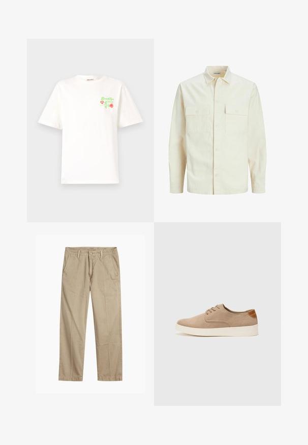 Light beige long-sleeve shirt with a collared neckline, two front pockets, button closure, and a textured fabric.; White cotton T-shirt featuring green and red floral embroidery on the left chest, with the text "Brooklyn NYC Florist." Classic fit.; Beige straight-leg chinos with belt loops, front button and zipper closure, and slant front pockets.; Beige suede sneakers with a rounded toe, lace-up front, and a textured back accent. White rubber sole provides contrast. Simple and modern design.