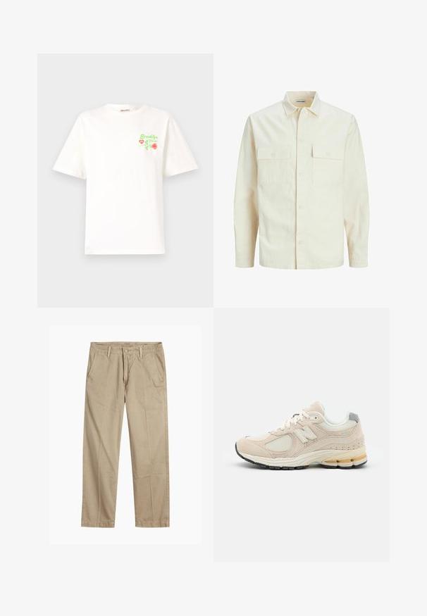 Jasno beżowa koszula z długim rękawem, z kołnierzykiem, dwoma kieszeniami z przodu, zapięciem na guziki i teksturowanym materiałem.; Biała bawełniana koszulka z zielonym i czerwonym haftem kwiatowym na lewej piersi, z napisem "Brooklyn NYC Florist". Klasyczny krój.; Beżowe chinosy o prostym kroju z pętlami na pasek, przednim zapięciem na guzik i zamek błyskawiczny oraz skośnymi kieszeniami z przodu.; Jasnobeżowe buty do biegania wykonane z siateczkowych i zamszowych materiałów, z amortyzowaną podeszwą, sznurowadłami i szarym akcentem na pięcie.