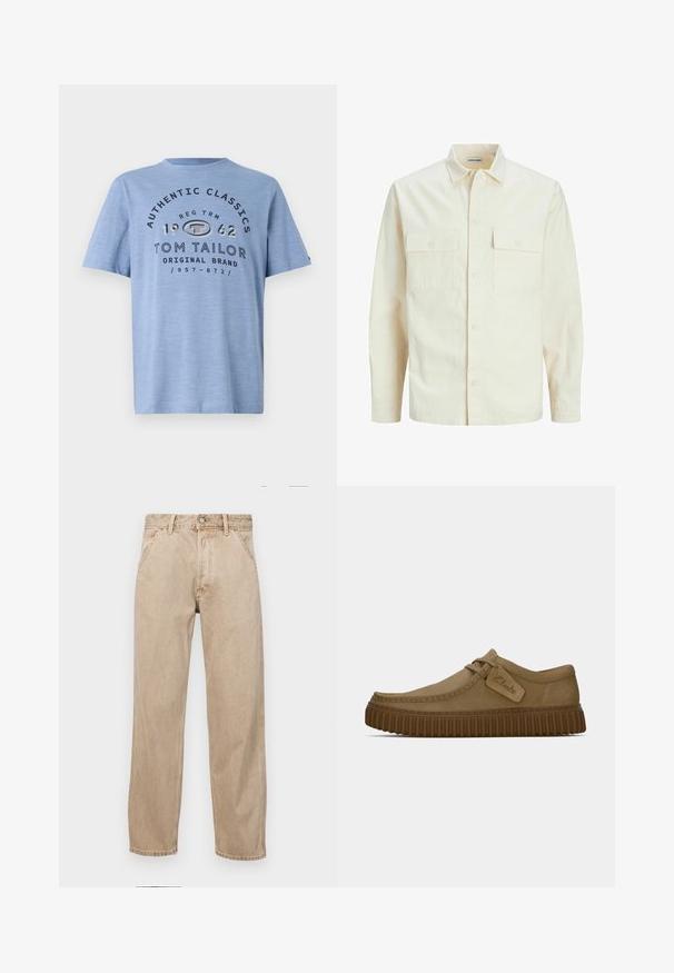 Světle béžová košile s dlouhým rukávem, límečkem, dvěma předními kapsami, zapínáním na knoflíky a strukturovanou tkaninou.; Světle modré tričko s krátkým rukávem vyrobené z měkkého materiálu. Obsahuje černý textový grafický prvek s nápisem "AUTENTICKÉ KLASIKY" a názvem značky. Jednoduchý design.; Béžové džíny z denimu se středně širokým střihem, vybavené předními kapsami, kovovým zapínáním na knoflík a jemnou texturou.; Světle hnědé suede boty s kulatou špičkou, prošívanými detaily a ribbovanou hnědou gumovou podrážkou. Disponují bočním štítkem s logem "Clarks".