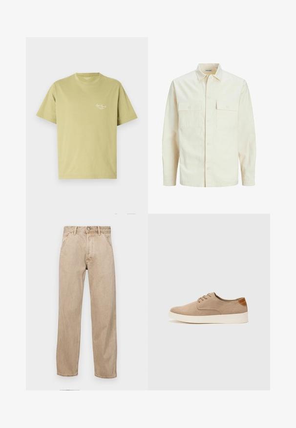 Hellbeige Langarmhemd mit klassischem Kragen, zwei Fronttaschen, Knopfverschluss und strukturiertem Stoff.; Hellgrünes Baumwoll-T-Shirt mit kurzen Ärmeln, einem runden Halsauschnitt und einem kleinen weißen Logo-Text auf der linken Brustseite.; Beige Denim-Jeans mit geradem Beinschnitt, ausgestattet mit Vordertaschen, einem Metallknopfverschluss und feiner Textur.; Beige Wildleder-Sneaker mit runder Zehenpartie, Schnürung und strukturiertem Rückenteil. Die weiße Gummisohle sorgt für einen Kontrast. Einfaches und modernes Design.