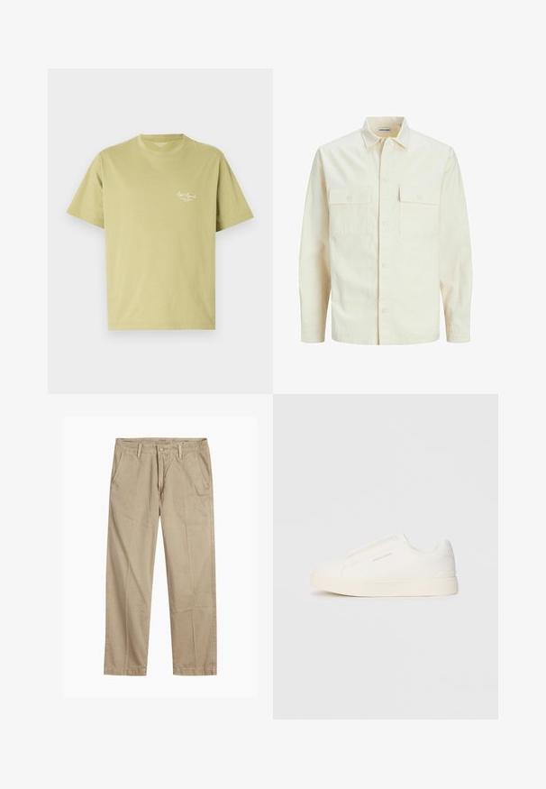 Kergedbež pika-särk pikkade varrukatega, krae ja kahe eespool asuva taskuga, nööpidega kinnitamine ja reljeefne materjal.; Heledad roheline puuvillane T-särk lühikeste varrukatega, ümmarguse kaelusega ja väikese valge logotekstiga vasakul rinnaku piirkonnas.; Beeži sirged säärte chinos-püksid, millel on vööloopide, esipainutatud nupud ja tõmblukk ning kaldega esikotid.; Valged libisemiskindlad tossud tekstuuriga pinnaga, paksu tallaga ja minimalistikus disainis. Küljel on brändi logo.