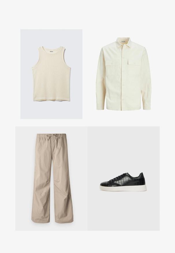 Vaaleanbeige pitkähihaisen paidan, jossa on kaulukset, kaksi etutaskua, nappikiinnitys ja tekstiilissä on tekstuuria.; Valkoinen ribbipintainen hihaton paita, jossa on pyöreä pääntie ja leveät olkaimet. pehmeä rakenne yksinkertaisella designilla. Tagi lukee "WEEKDAY."; Kermanväriset leveät housut, joissa on joustava vyötärö ja naru. Sujuva tekstuuri, kaksi sivutaskua ja minimaalinen sauma rentoa istuvuutta varten.; Musta lenkkarit, joissa on teksturoitu krokotiililla kohokuvioitu nahkapinta, pyöristetty varvas ja erottuva valkoinen kumipohja, jossa on sileä pinta.