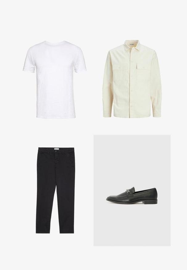 Kergedbež pika-särk pikkade varrukatega, krae ja kahe eespool asuva taskuga, nööpidega kinnitamine ja reljeefne materjal.; Valge lühikeste varrukatega T-särk, mis on valmistatud pehmest puuvillast, ümara kaeluse ja lihtsa disainiga, sirge lõikega, sobib igapäevaseks kandmiseks.; Mustad puuvillased püksid kitsas lõikes, millel on kaks külgtaskut ja ees klõpsuga kinnitamine. Tekstuuriga kangas, millel on peened detailid.; Must haveate nahkking punased, millel on sile viimistlus, tikitud muster ja dekoratiivne metallkett vampi üle. Tasane konts.