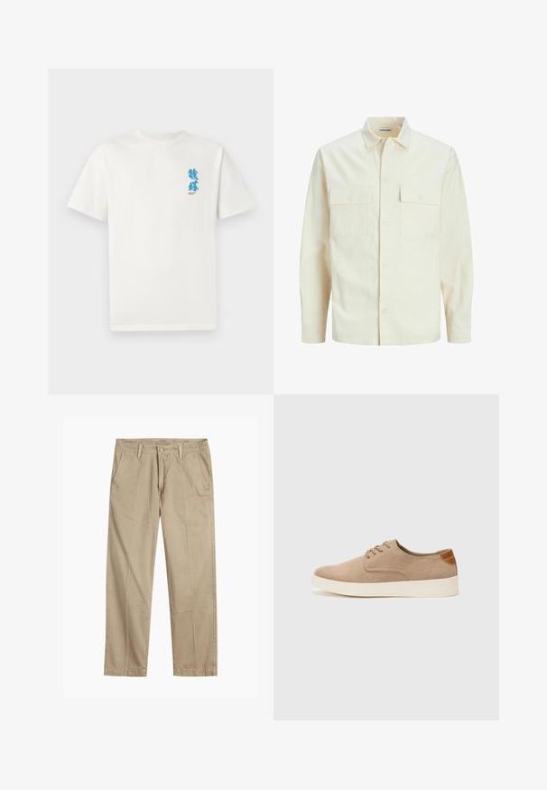 Camisa de manga larga color beige claro con cuello, dos bolsillos frontales, cierre de botones y una tela texturizada.; Camiseta de algodón blanca de manga corta. Presenta un diseño gráfico azul en el lado izquierdo del pecho, texto debajo y un cuello redondo clásico.; Chinos beige de pierna recta con trabillas para cinturón, cierre de botón y cremallera en la parte delantera, y bolsillos delanteros inclinados.; Zapatillas de ante beige con puntera redondeada, cordones en la parte delantera y un acento texturizado en la parte trasera. La suela de goma blanca proporciona contraste. Diseño sencillo y moderno.