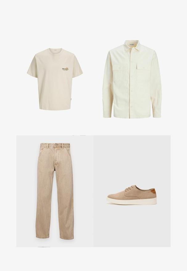 Camisa de manga larga color beige claro con cuello, dos bolsillos frontales, cierre de botones y una tela texturizada.; Camiseta de algodón de color beige claro con mangas cortas, cuello redondo y un logotipo impreso que dice "ORIGINALS ESTABLISHED IN 1900" en el pecho.; Jeans de mezclilla beige con un diseño de pierna recta, que cuentan con bolsillos frontales, cierre de botón de metal y una textura sutil.; Zapatillas de ante beige con puntera redondeada, cordones en la parte delantera y un acento texturizado en la parte trasera. La suela de goma blanca proporciona contraste. Diseño sencillo y moderno.