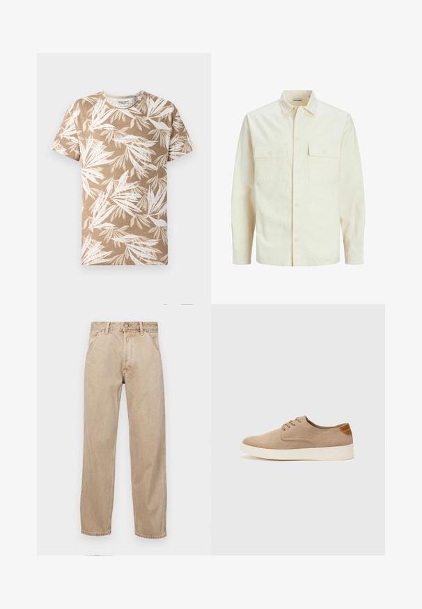 Svijetlo bež košulja dugih rukava s ovratnikom, dva prednja džepa, zatvaranje na dugmad i teksturirani materijal.; Majica kratkih rukava u svijetlosmeđoj boji s bijelim uzorkom lista. Mekana tkanina, dizajn s običnim ovratnikom i opušteni kroj.; Bež teksas traperice ravnog kroja, s prednjim džepovima, metalnim zakopčavanjem i suptilnom teksturom.; Bež nubuk tenisice s okruglim vrhom, vezanjem sprijeda i teksturiranim stražnjim naglaskom. Bijela gumena potpetica pruža kontrast. Jednostavan i moderan dizajn.