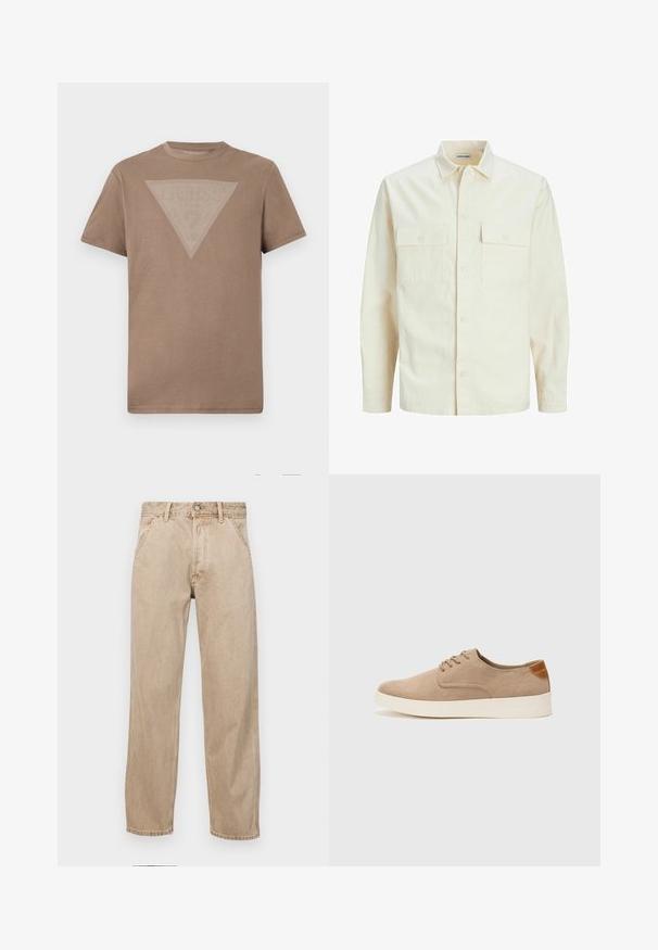 Lichtbeige langemouwen shirt met een kraaghalslijn, twee voorzakken, knoopsluiting en een gestructureerde stof.; Effen bruine t-shirt met korte mouwen en een grote omgekeerde driehoekige grafiek van fijne witte verticale lijnen op de borst.; Beige denim jeans met een recht gesneden ontwerp, voorzien van voorzakken, een metalen knoopsluiting en een subtiele textuur.; Beige suède sneakers met een ronde neus, vetersluiting aan de voorkant en een getextureerde achteraccent. De witte rubberen zool zorgt voor contrast. Eenvoudig en modern ontwerp.