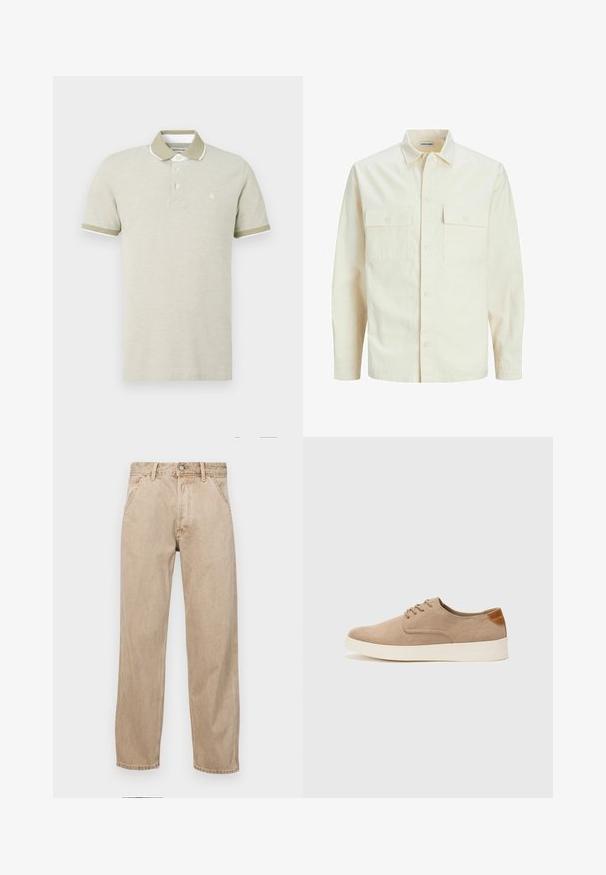 Camisa de manga larga color beige claro con cuello, dos bolsillos frontales, cierre de botones y una tela texturizada.; Camisa polo beige clara de algodón. Presenta un cuello con solapa, un tapete de tres botones y mangas verdes en contraste con ribetes blancos.; Jeans de mezclilla beige con un diseño de pierna recta, que cuentan con bolsillos frontales, cierre de botón de metal y una textura sutil.; Zapatillas de ante beige con puntera redondeada, cordones en la parte delantera y un acento texturizado en la parte trasera. La suela de goma blanca proporciona contraste. Diseño sencillo y moderno.