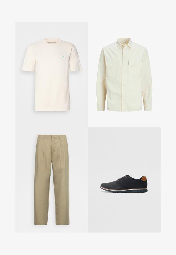 Svetlo béžová košeľa s dlhým rukávom, s golierom, dvoma prednými vreckami, zapínaním na gombíky a textúrovanou látkou.; Krémové bavlnené tričko s krátkymi rukávmi, okrúhlym výstrihom a malým modrým emblémom na ľavej hrudi. Mäkká textúra a uvoľnený strih.; Béžové, vysoké nohavice s rovnými nohavicami, s plochým predným dielom, bočnými vreckami a hladkým, textúrovaným materiálom.; Čierne syntetické topánky so štruktúrovaným zvrškom, hladkými akcentmi, hnedým opätkom a kontrastnou podrážkou. Majú minimálne šnurovanie a detaily prešitia.